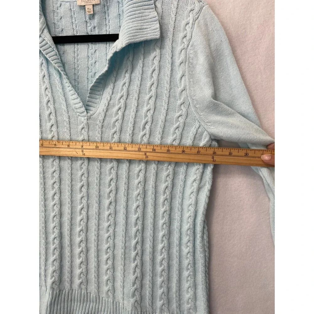 Talbots Cable Knit Sweater Womens XLp Light Blue V-Neck Collared Cotton Pullover